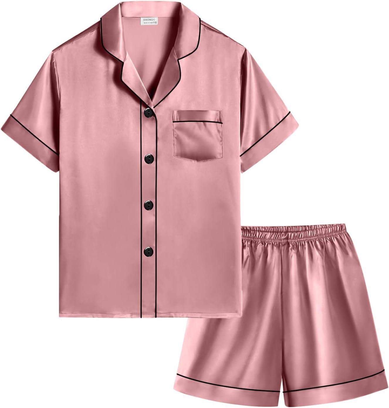 imageSWOMOG Kids Silky Satin Pajamas Set Girls Boys ButtonDown Sleepwear Short Sleeve 2 Piece PJs Sets Lounge SetsMisty Rose
