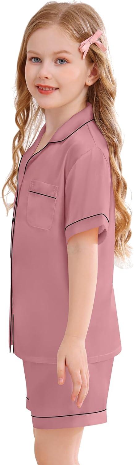 imageSWOMOG Kids Silky Satin Pajamas Set Girls Boys ButtonDown Sleepwear Short Sleeve 2 Piece PJs Sets Lounge SetsMisty Rose