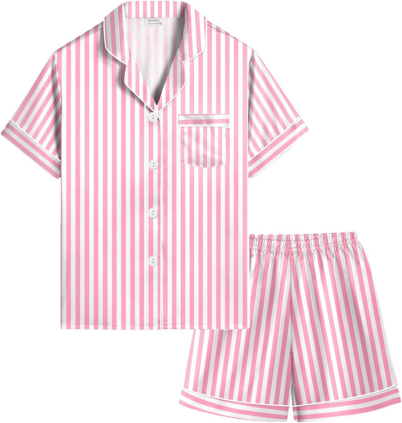 imageSWOMOG Kids Silky Satin Pajamas Set Girls Boys ButtonDown Sleepwear Short Sleeve 2 Piece PJs Sets Lounge SetsPink Striped