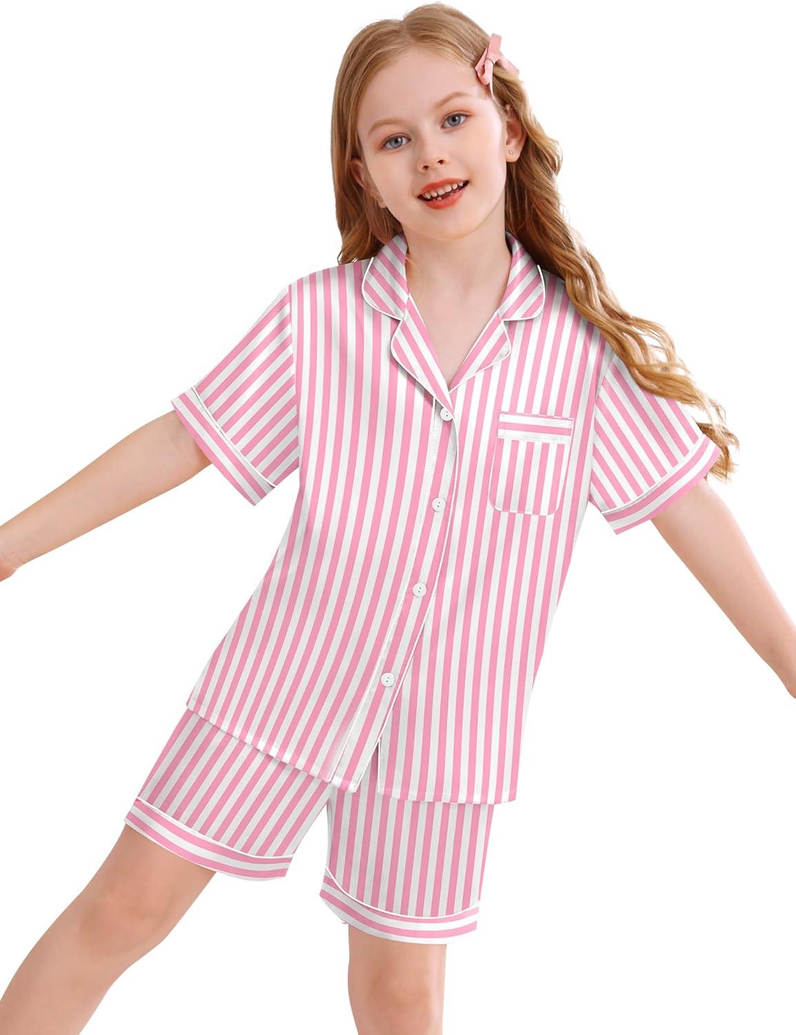 imageSWOMOG Kids Silky Satin Pajamas Set Girls Boys ButtonDown Sleepwear Short Sleeve 2 Piece PJs Sets Lounge SetsPink Striped