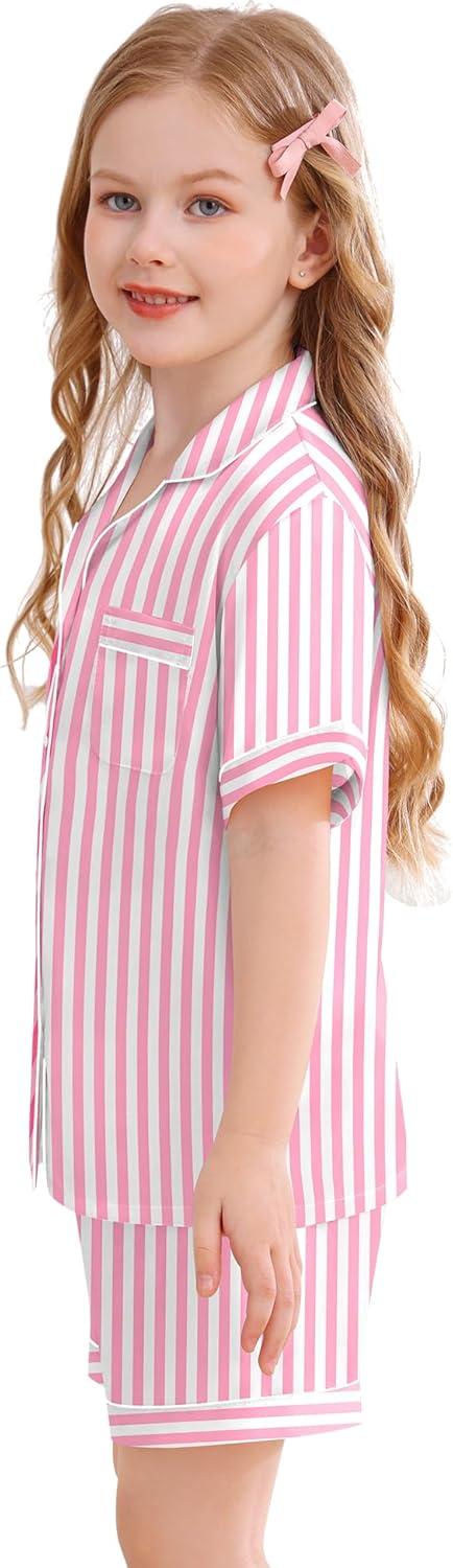 imageSWOMOG Kids Silky Satin Pajamas Set Girls Boys ButtonDown Sleepwear Short Sleeve 2 Piece PJs Sets Lounge SetsPink Striped
