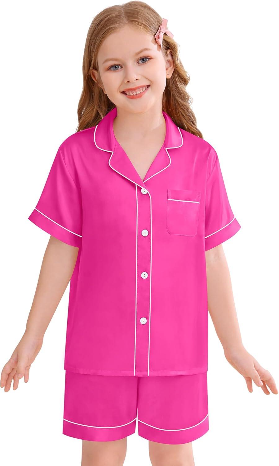 imageSWOMOG Kids Silky Satin Pajamas Set Girls Boys ButtonDown Sleepwear Short Sleeve 2 Piece PJs Sets Lounge SetsRose