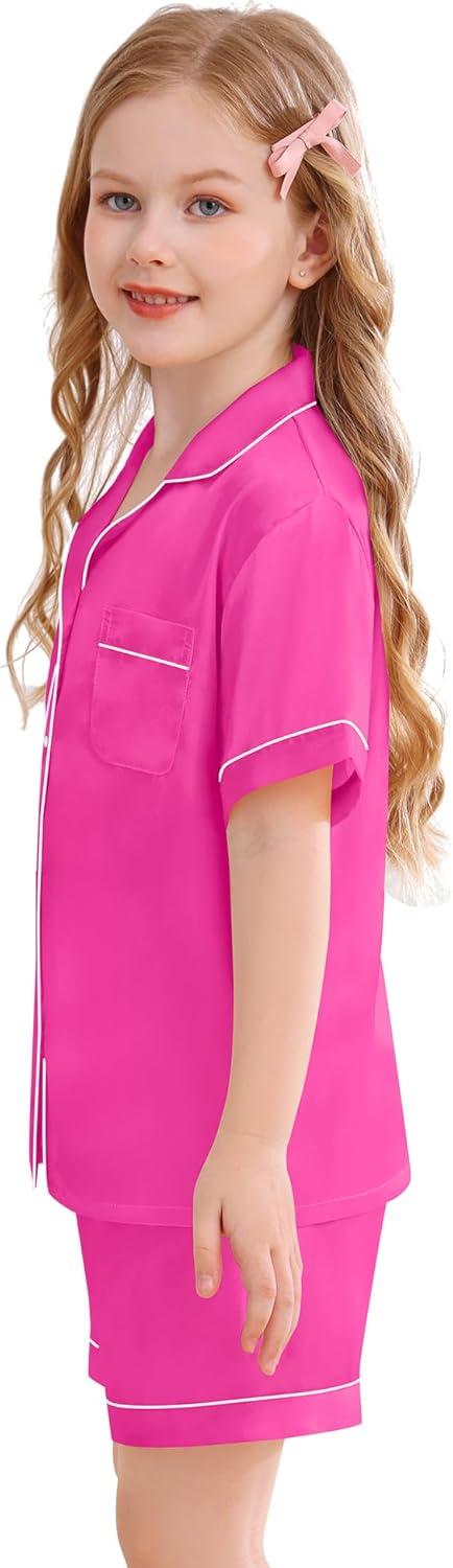 imageSWOMOG Kids Silky Satin Pajamas Set Girls Boys ButtonDown Sleepwear Short Sleeve 2 Piece PJs Sets Lounge SetsRose