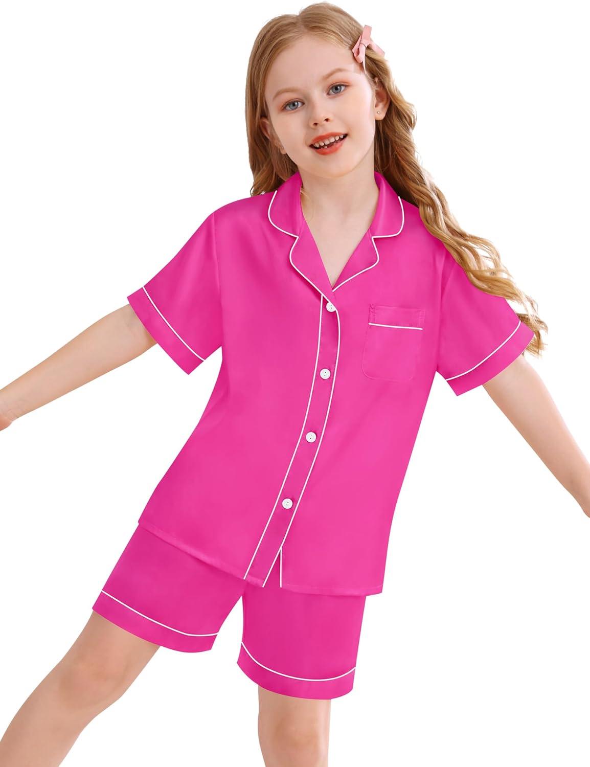 imageSWOMOG Kids Silky Satin Pajamas Set Girls Boys ButtonDown Sleepwear Short Sleeve 2 Piece PJs Sets Lounge SetsRose