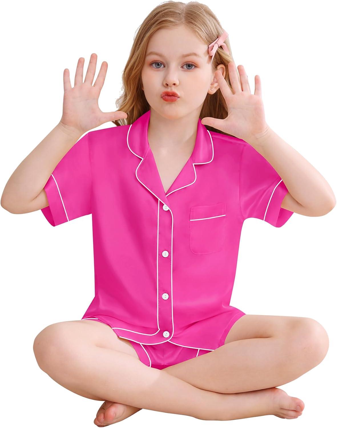 imageSWOMOG Kids Silky Satin Pajamas Set Girls Boys ButtonDown Sleepwear Short Sleeve 2 Piece PJs Sets Lounge SetsRose
