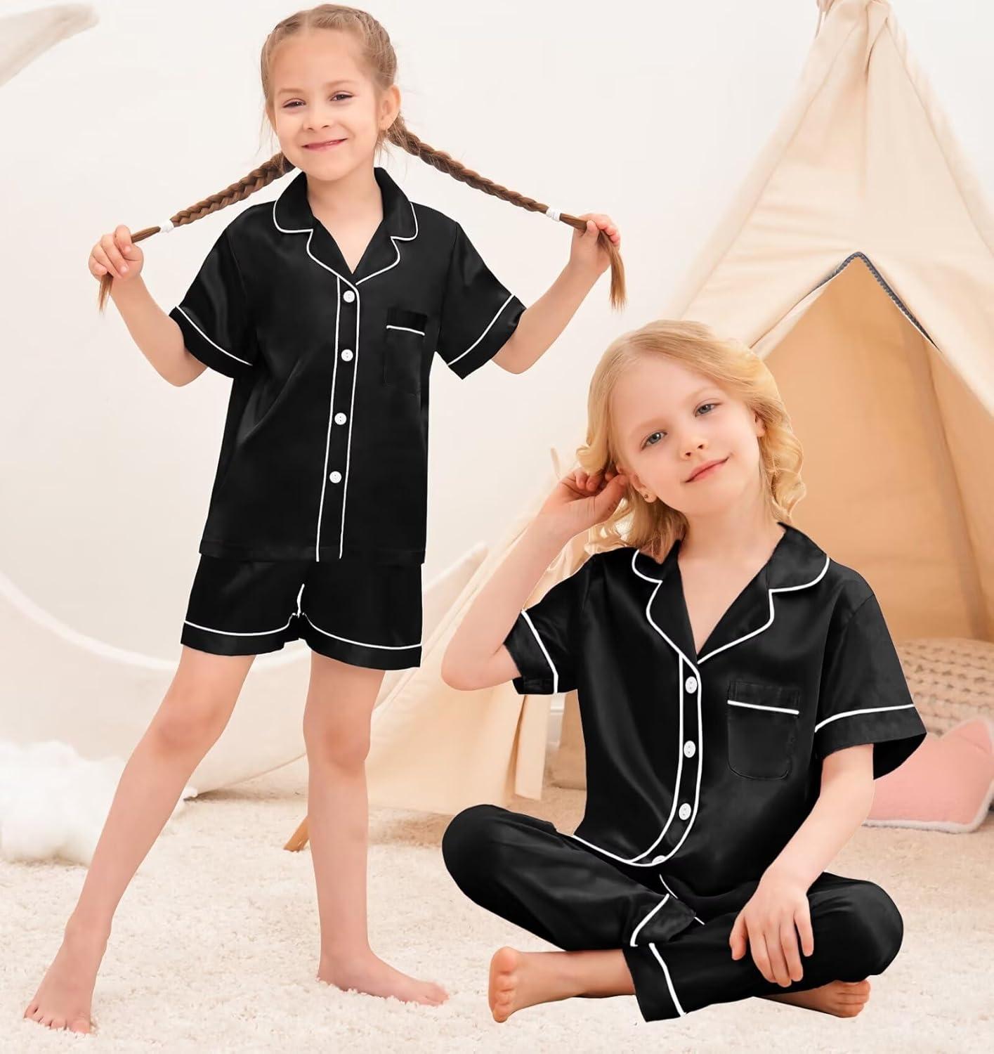 imageSWOMOG Kids Silky Satin Pajamas Set Girls Boys ButtonDown Sleepwear Short Sleeve 2 Piece PJs Sets Lounge SetsZ Black 3pcs