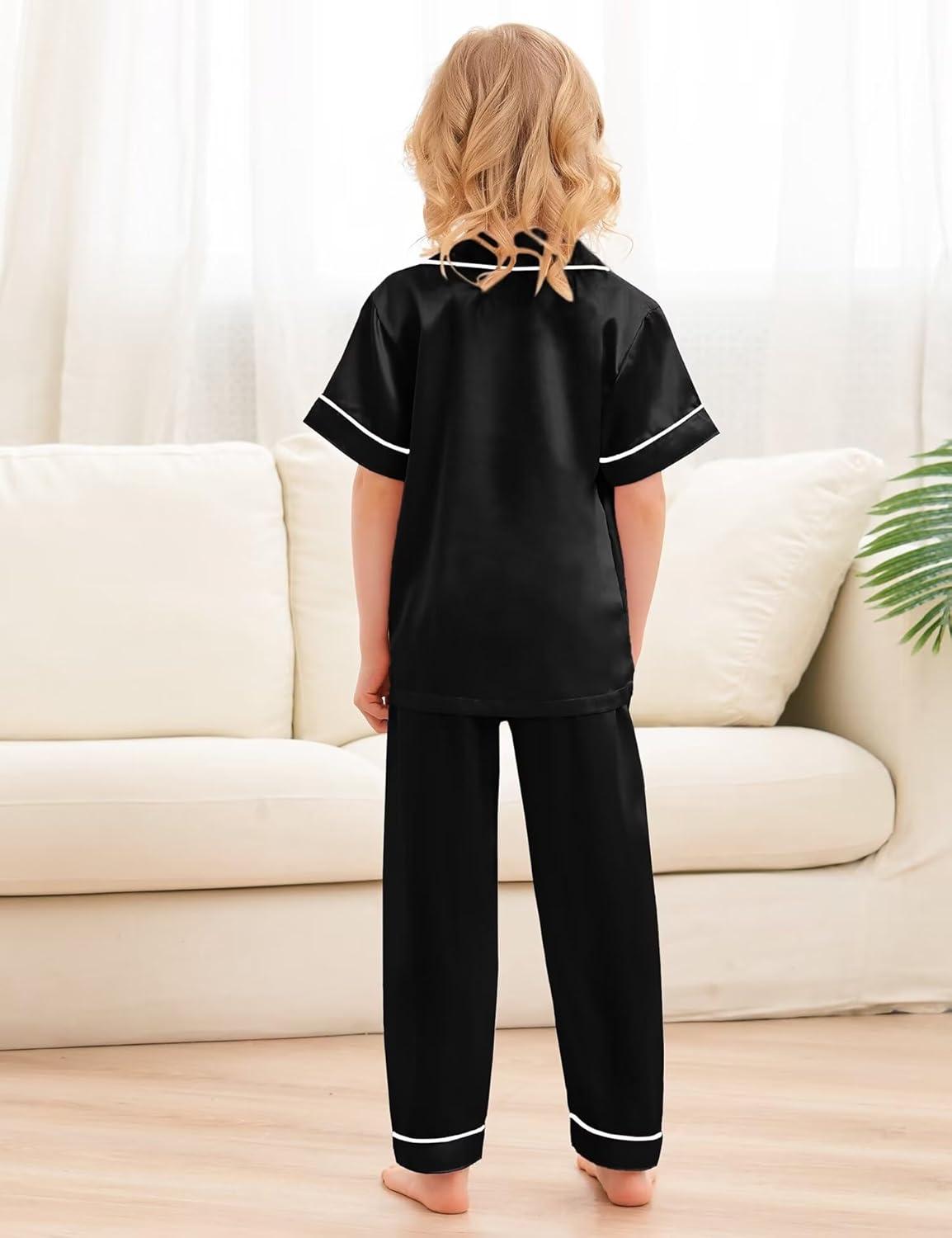 imageSWOMOG Kids Silky Satin Pajamas Set Girls Boys ButtonDown Sleepwear Short Sleeve 2 Piece PJs Sets Lounge SetsZ Black 3pcs