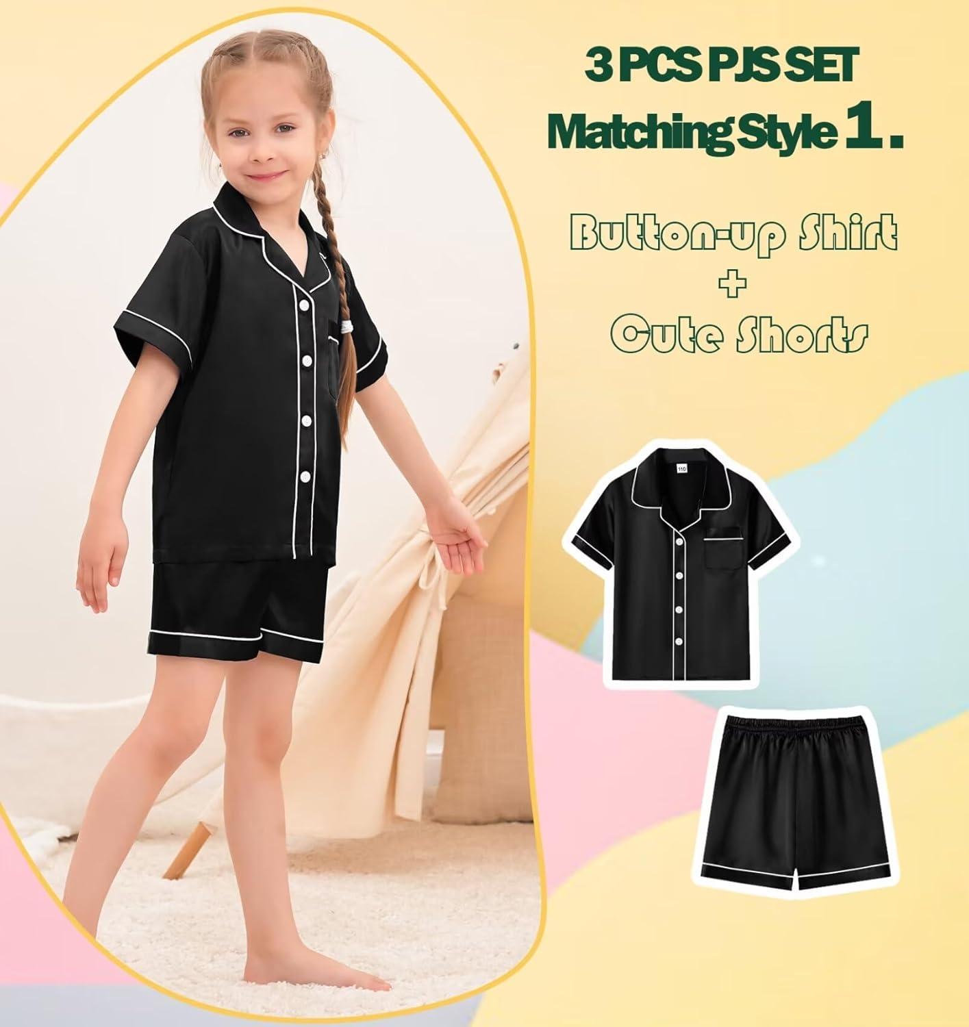imageSWOMOG Kids Silky Satin Pajamas Set Girls Boys ButtonDown Sleepwear Short Sleeve 2 Piece PJs Sets Lounge SetsZ Black 3pcs