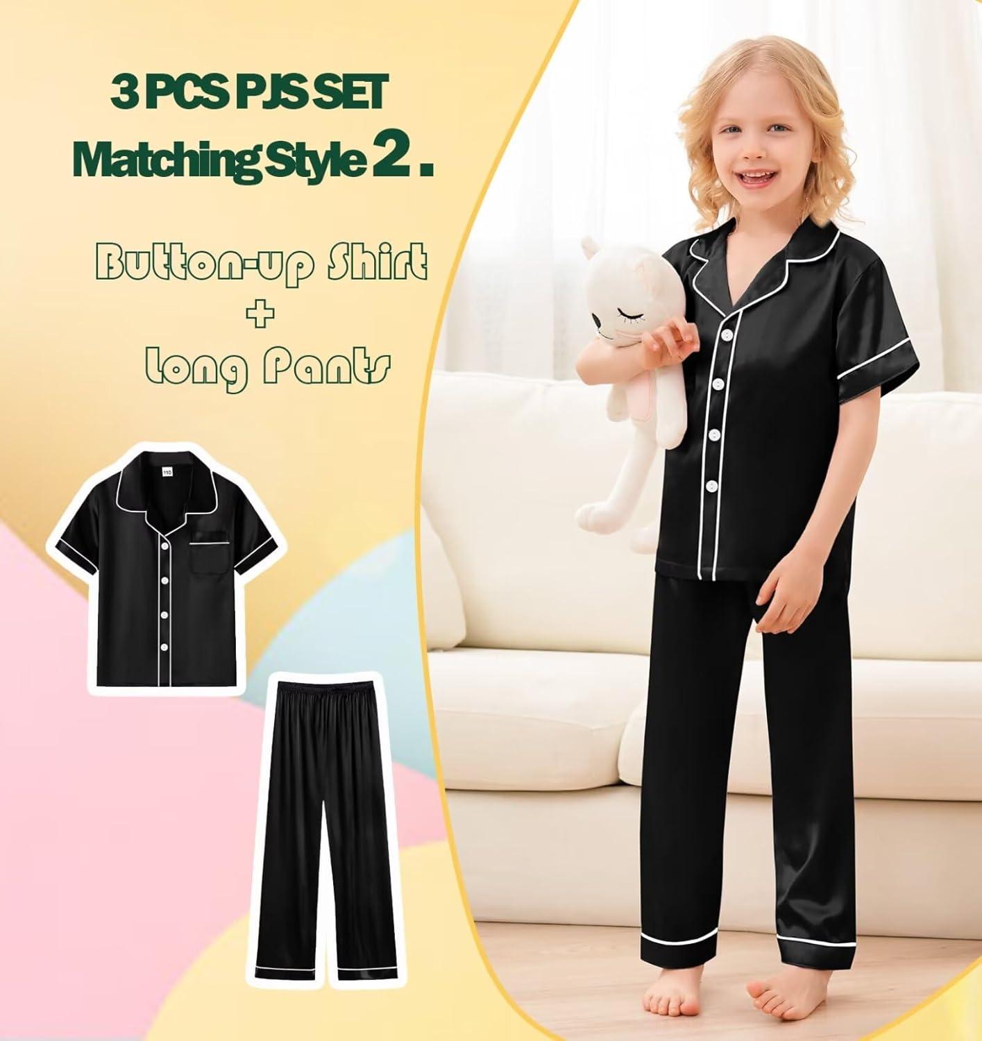 imageSWOMOG Kids Silky Satin Pajamas Set Girls Boys ButtonDown Sleepwear Short Sleeve 2 Piece PJs Sets Lounge SetsZ Black 3pcs