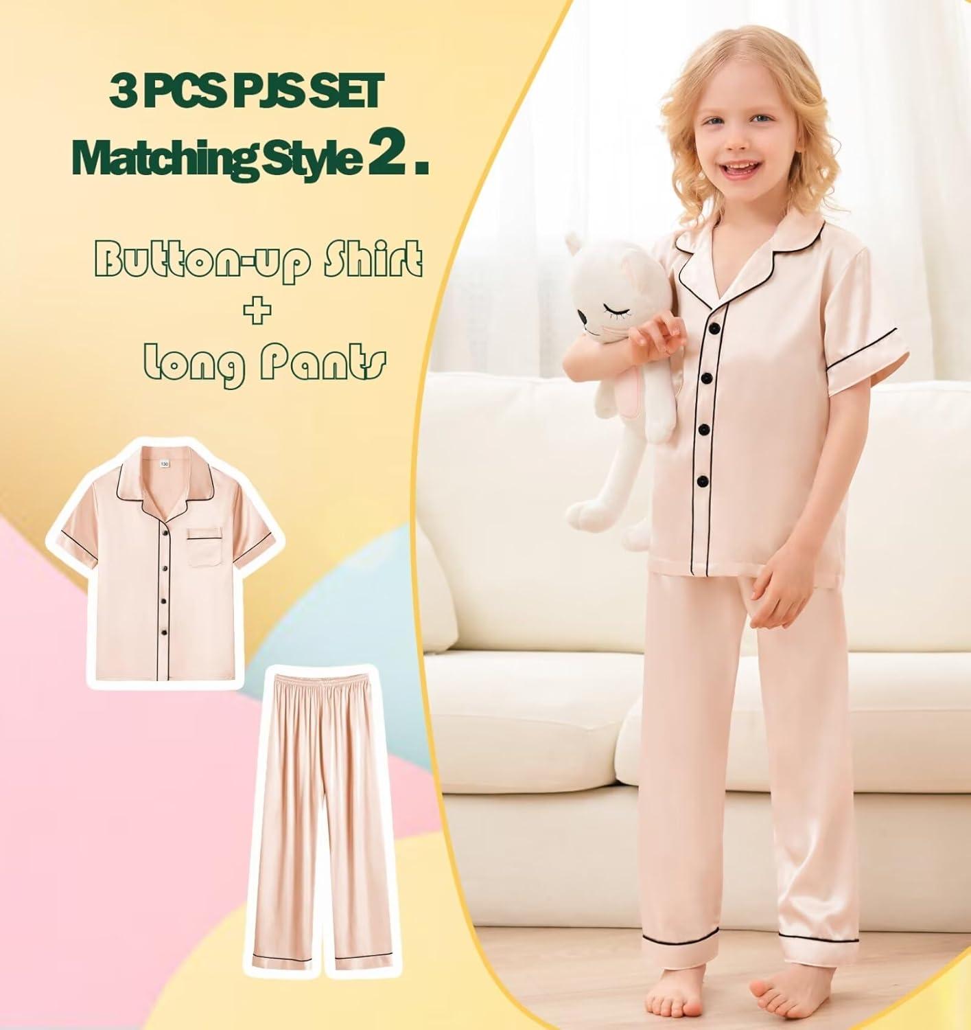 imageSWOMOG Kids Silky Satin Pajamas Set Girls Boys ButtonDown Sleepwear Short Sleeve 2 Piece PJs Sets Lounge SetsZ Champagne 3pcs