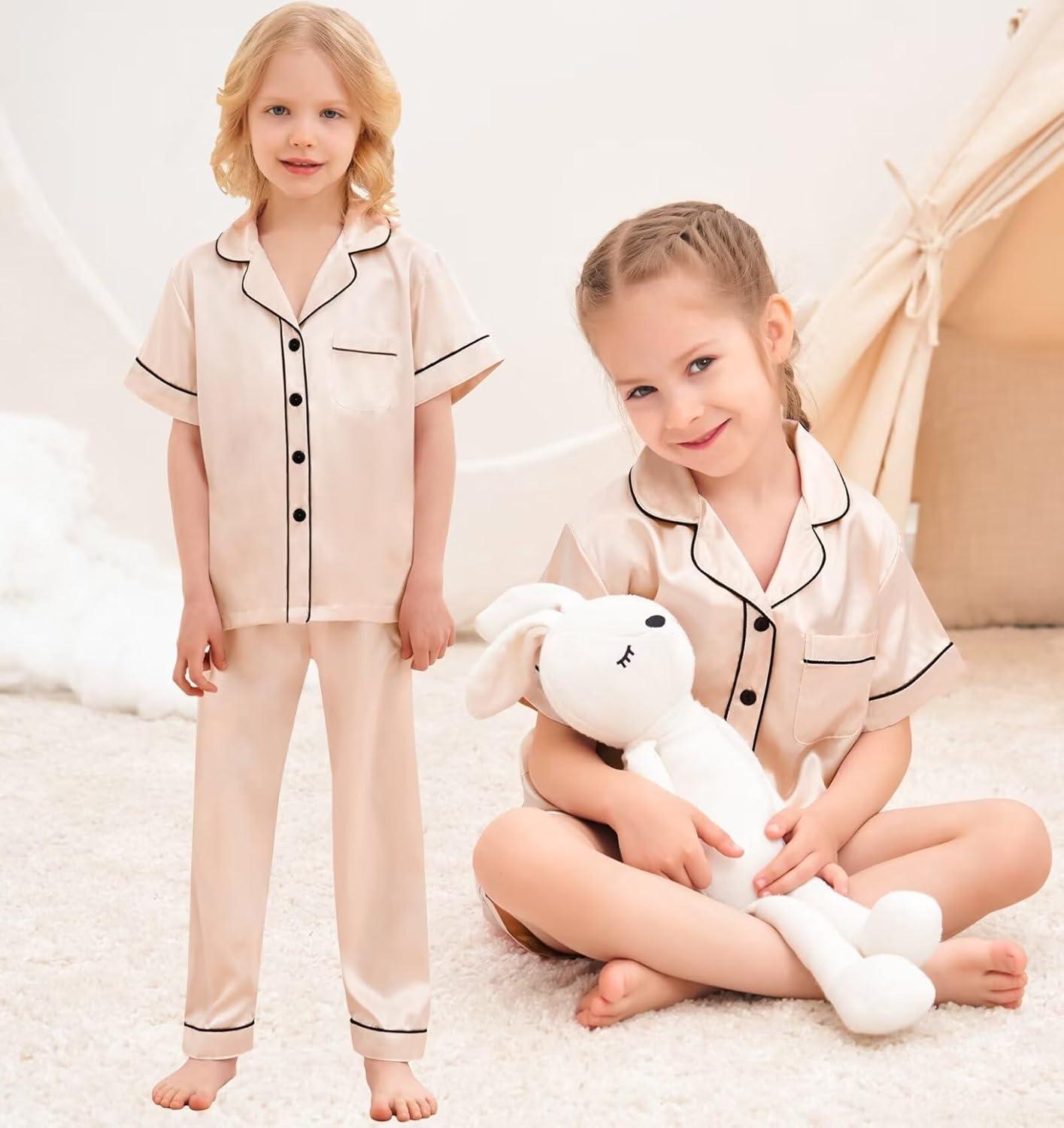 imageSWOMOG Kids Silky Satin Pajamas Set Girls Boys ButtonDown Sleepwear Short Sleeve 2 Piece PJs Sets Lounge SetsZ Champagne 3pcs