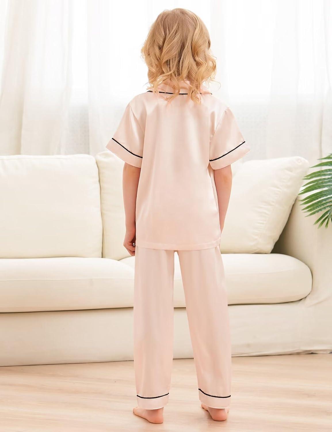 imageSWOMOG Kids Silky Satin Pajamas Set Girls Boys ButtonDown Sleepwear Short Sleeve 2 Piece PJs Sets Lounge SetsZ Champagne 3pcs