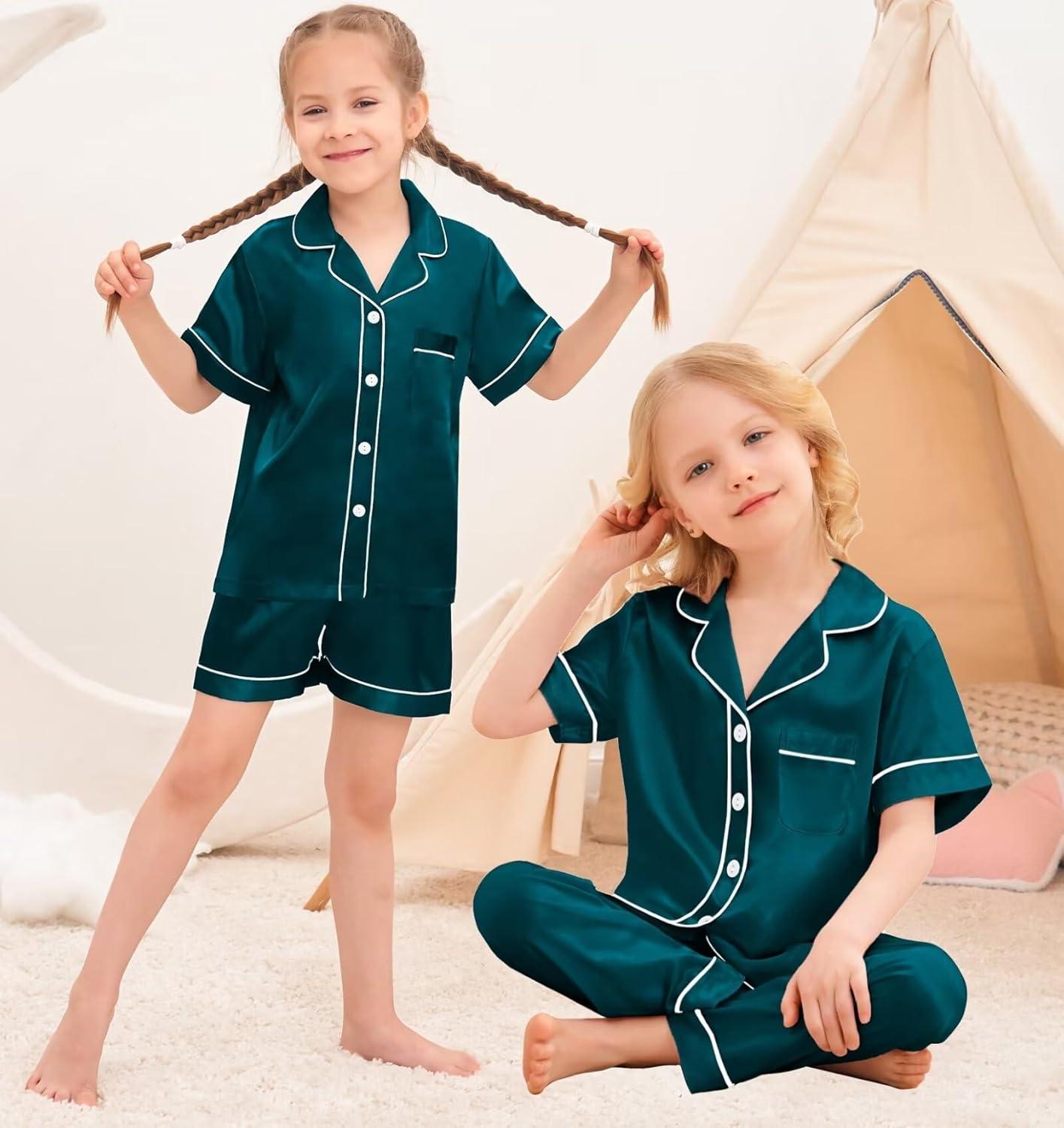 imageSWOMOG Kids Silky Satin Pajamas Set Girls Boys ButtonDown Sleepwear Short Sleeve 2 Piece PJs Sets Lounge SetsZ Deep Green 3pcs