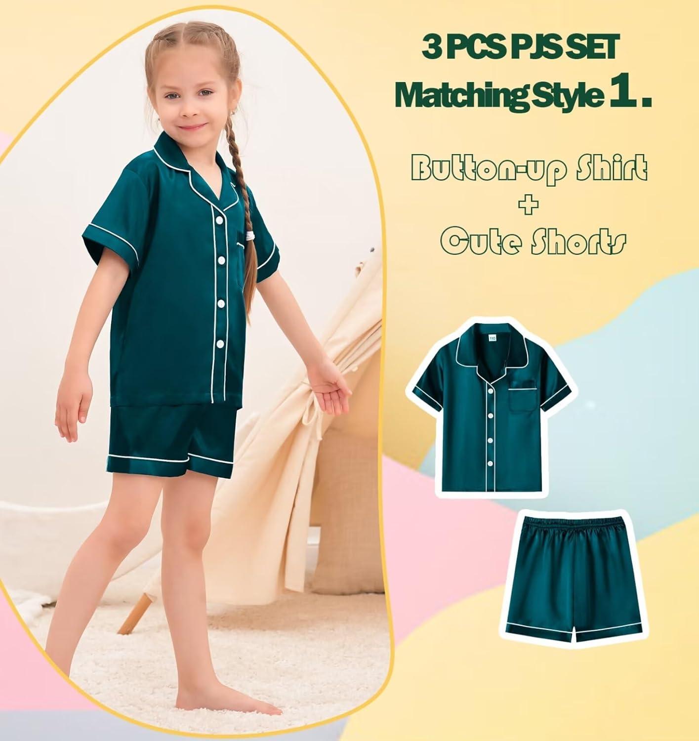 imageSWOMOG Kids Silky Satin Pajamas Set Girls Boys ButtonDown Sleepwear Short Sleeve 2 Piece PJs Sets Lounge SetsZ Deep Green 3pcs