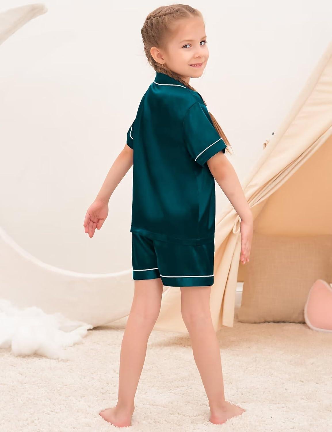 imageSWOMOG Kids Silky Satin Pajamas Set Girls Boys ButtonDown Sleepwear Short Sleeve 2 Piece PJs Sets Lounge SetsZ Deep Green 3pcs