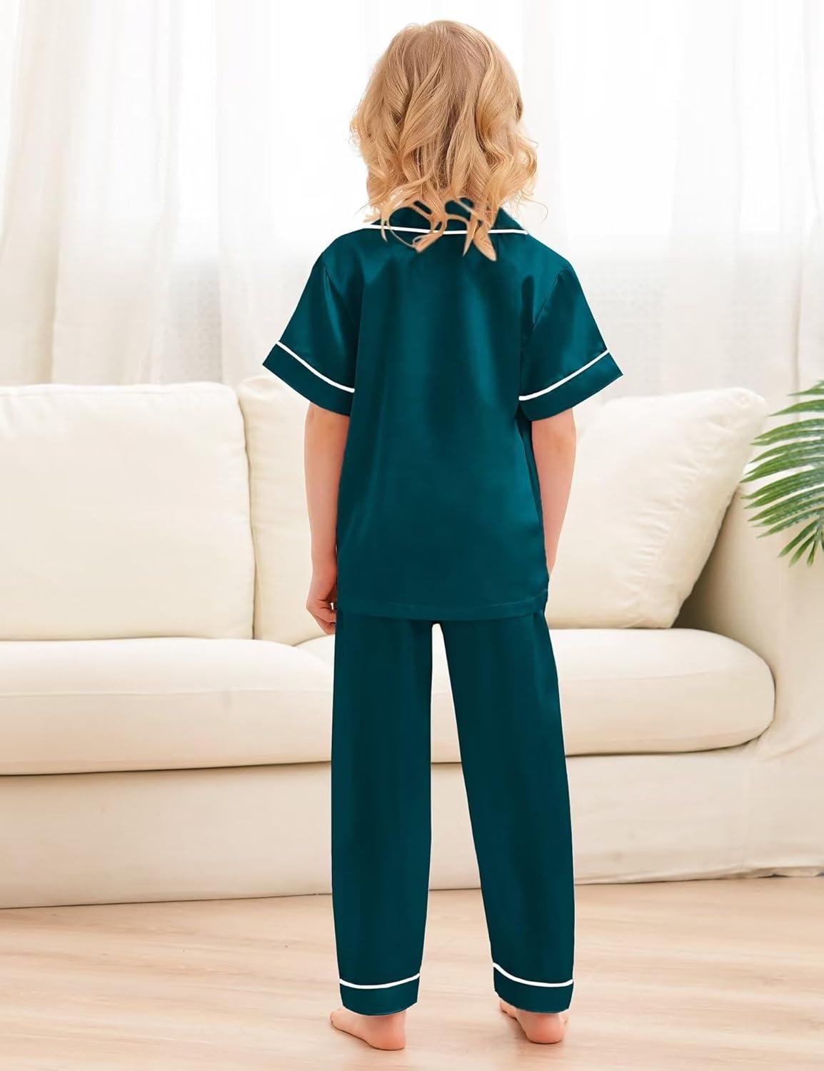 imageSWOMOG Kids Silky Satin Pajamas Set Girls Boys ButtonDown Sleepwear Short Sleeve 2 Piece PJs Sets Lounge SetsZ Deep Green 3pcs
