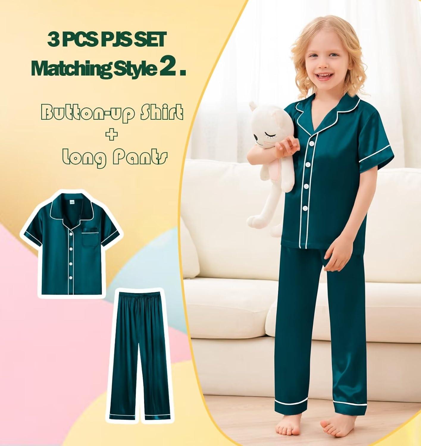 imageSWOMOG Kids Silky Satin Pajamas Set Girls Boys ButtonDown Sleepwear Short Sleeve 2 Piece PJs Sets Lounge SetsZ Deep Green 3pcs