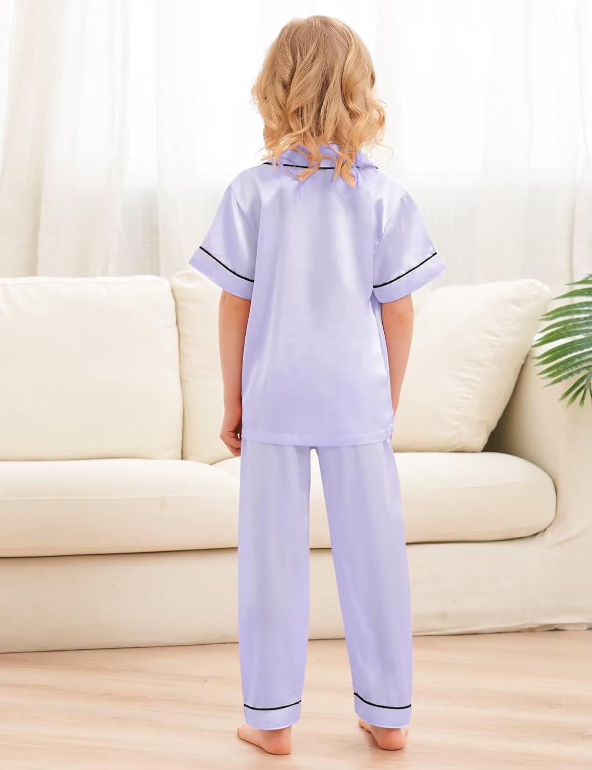 imageSWOMOG Kids Silky Satin Pajamas Set Girls Boys ButtonDown Sleepwear Short Sleeve 2 Piece PJs Sets Lounge SetsZ Lavender 3pcs