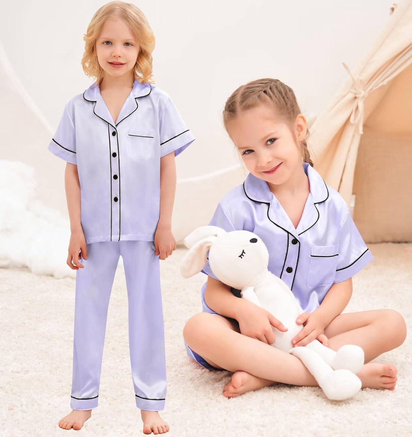 imageSWOMOG Kids Silky Satin Pajamas Set Girls Boys ButtonDown Sleepwear Short Sleeve 2 Piece PJs Sets Lounge SetsZ Lavender 3pcs