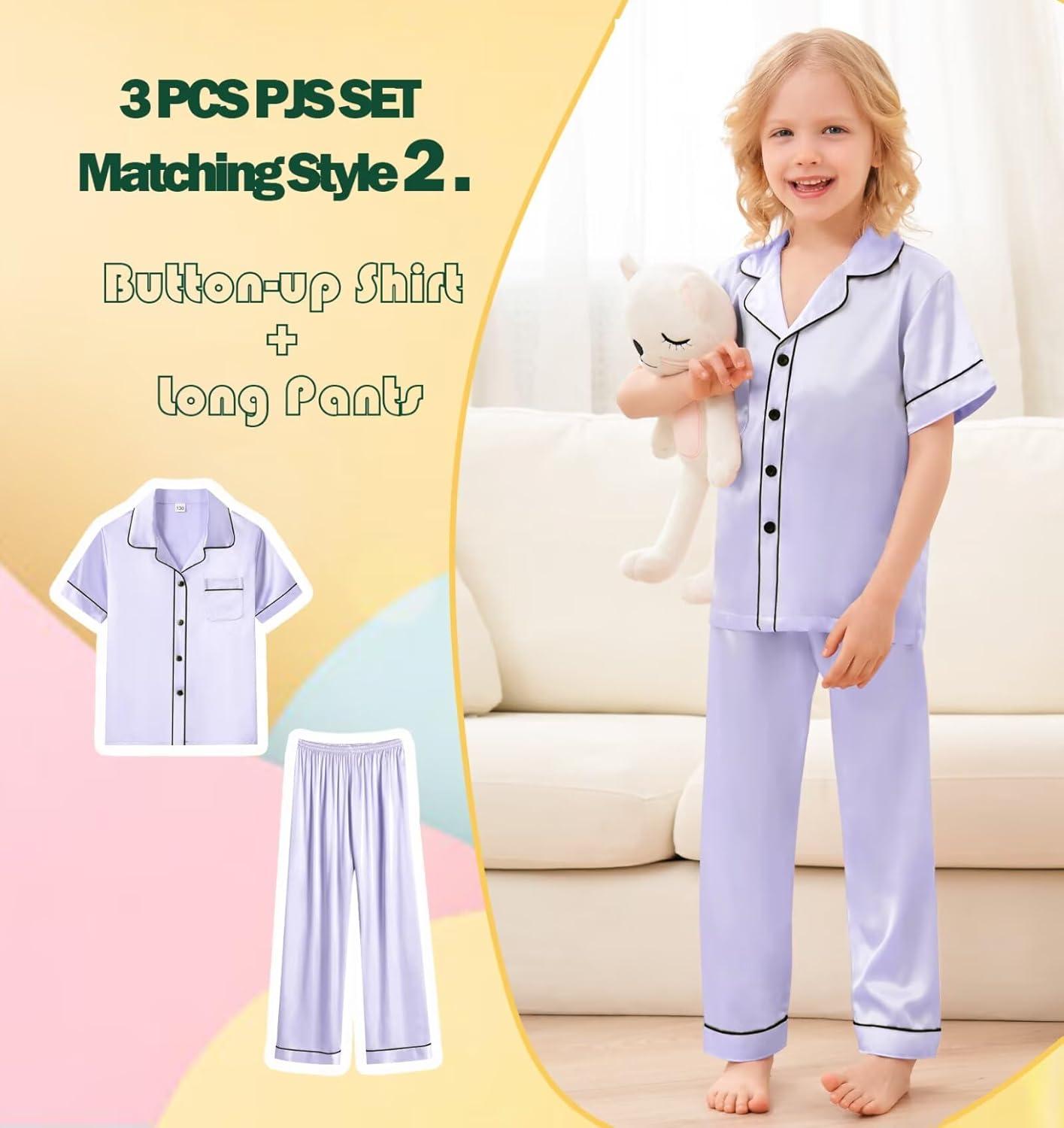 imageSWOMOG Kids Silky Satin Pajamas Set Girls Boys ButtonDown Sleepwear Short Sleeve 2 Piece PJs Sets Lounge SetsZ Lavender 3pcs