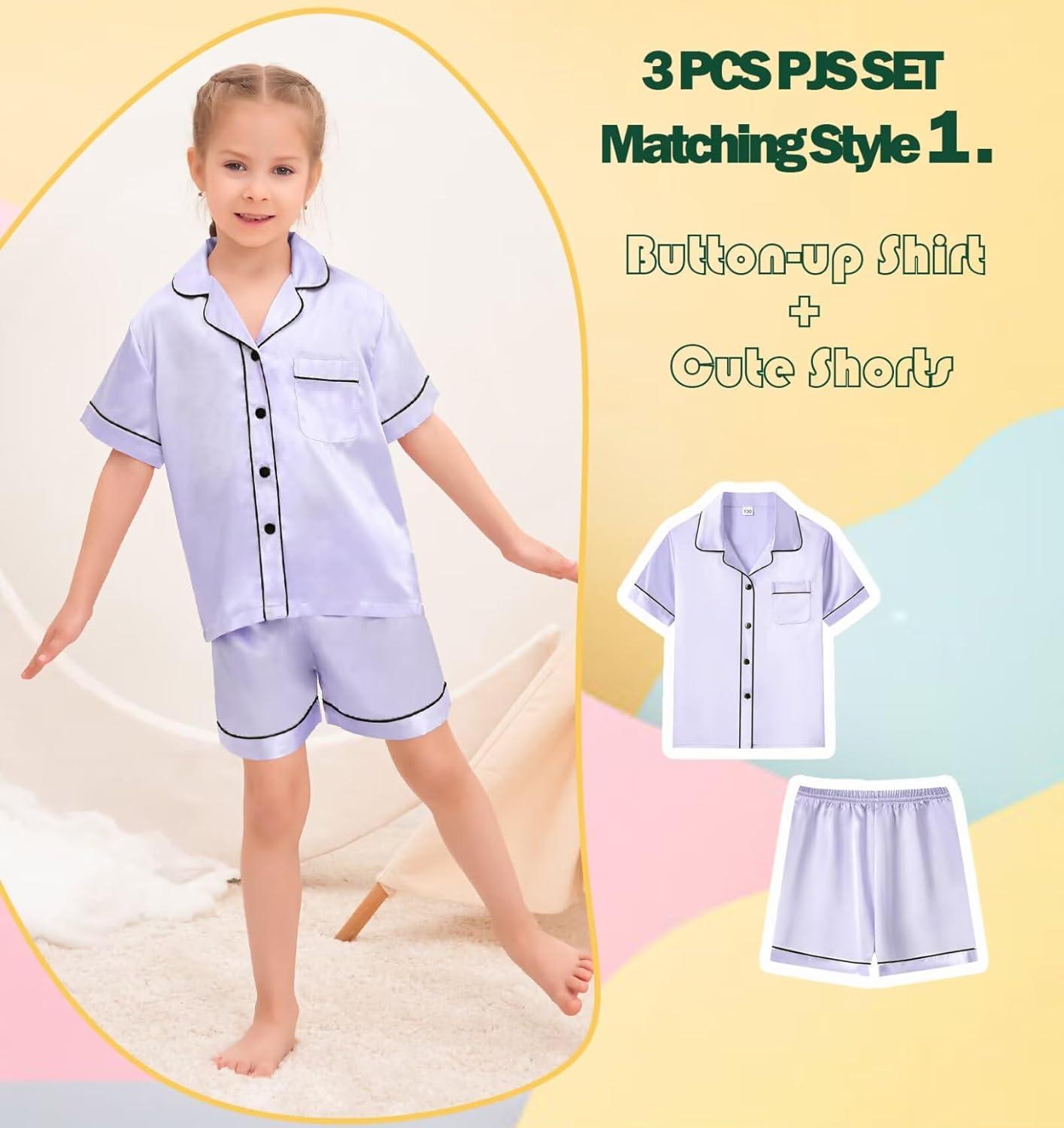 imageSWOMOG Kids Silky Satin Pajamas Set Girls Boys ButtonDown Sleepwear Short Sleeve 2 Piece PJs Sets Lounge SetsZ Lavender 3pcs