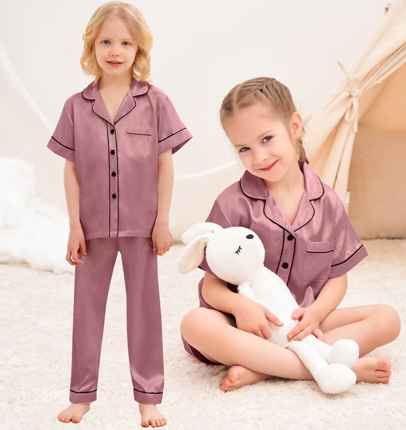 imageSWOMOG Kids Silky Satin Pajamas Set Girls Boys ButtonDown Sleepwear Short Sleeve 2 Piece PJs Sets Lounge SetsZ Misty Rose 3pcs