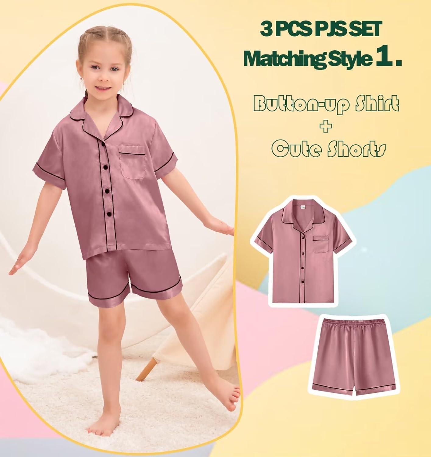 imageSWOMOG Kids Silky Satin Pajamas Set Girls Boys ButtonDown Sleepwear Short Sleeve 2 Piece PJs Sets Lounge SetsZ Misty Rose 3pcs