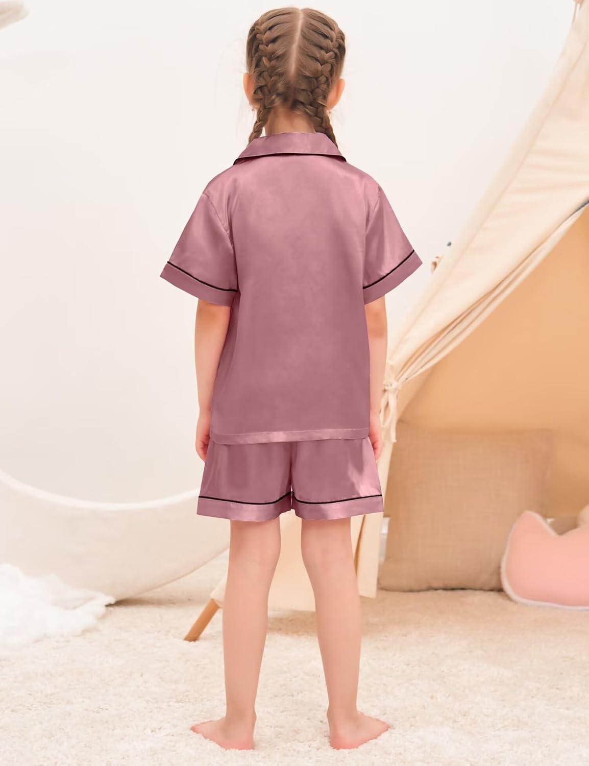 imageSWOMOG Kids Silky Satin Pajamas Set Girls Boys ButtonDown Sleepwear Short Sleeve 2 Piece PJs Sets Lounge SetsZ Misty Rose 3pcs