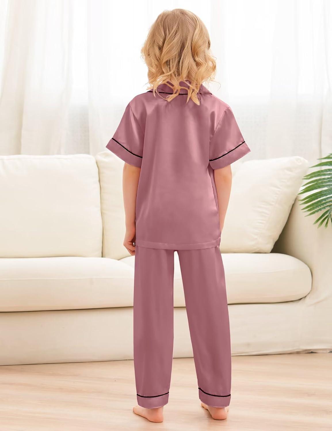 imageSWOMOG Kids Silky Satin Pajamas Set Girls Boys ButtonDown Sleepwear Short Sleeve 2 Piece PJs Sets Lounge SetsZ Misty Rose 3pcs