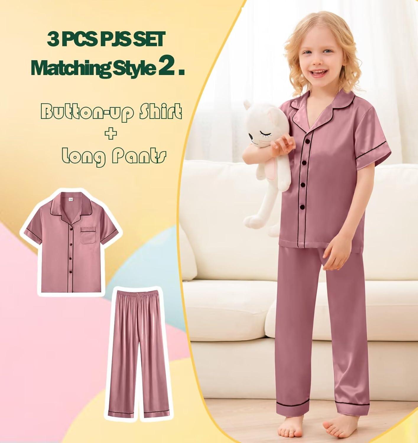 imageSWOMOG Kids Silky Satin Pajamas Set Girls Boys ButtonDown Sleepwear Short Sleeve 2 Piece PJs Sets Lounge SetsZ Misty Rose 3pcs