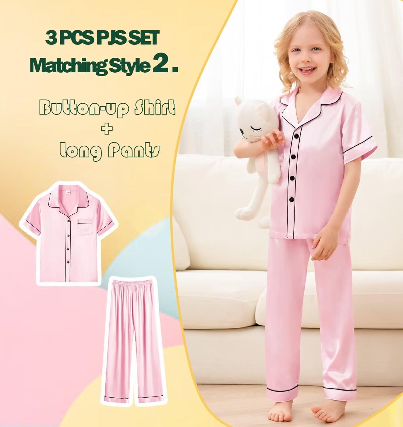 imageSWOMOG Kids Silky Satin Pajamas Set Girls Boys ButtonDown Sleepwear Short Sleeve 2 Piece PJs Sets Lounge SetsZ Pink 3pcs