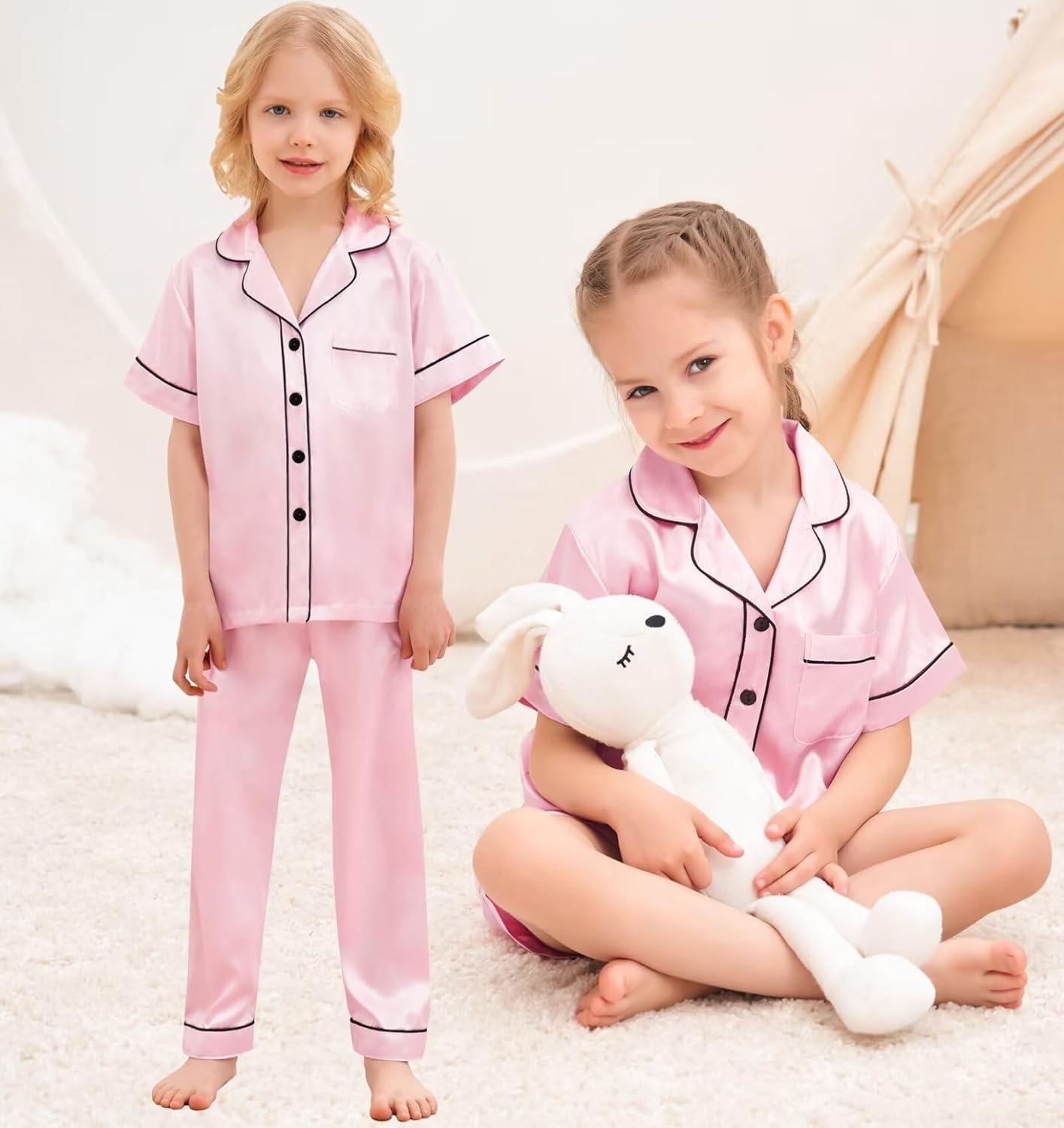 imageSWOMOG Kids Silky Satin Pajamas Set Girls Boys ButtonDown Sleepwear Short Sleeve 2 Piece PJs Sets Lounge SetsZ Pink 3pcs