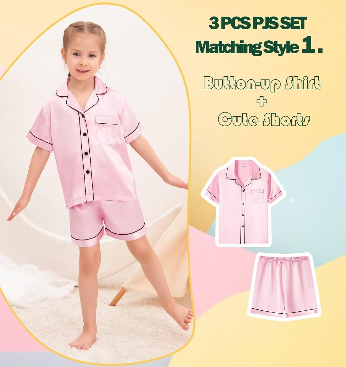 imageSWOMOG Kids Silky Satin Pajamas Set Girls Boys ButtonDown Sleepwear Short Sleeve 2 Piece PJs Sets Lounge SetsZ Pink 3pcs