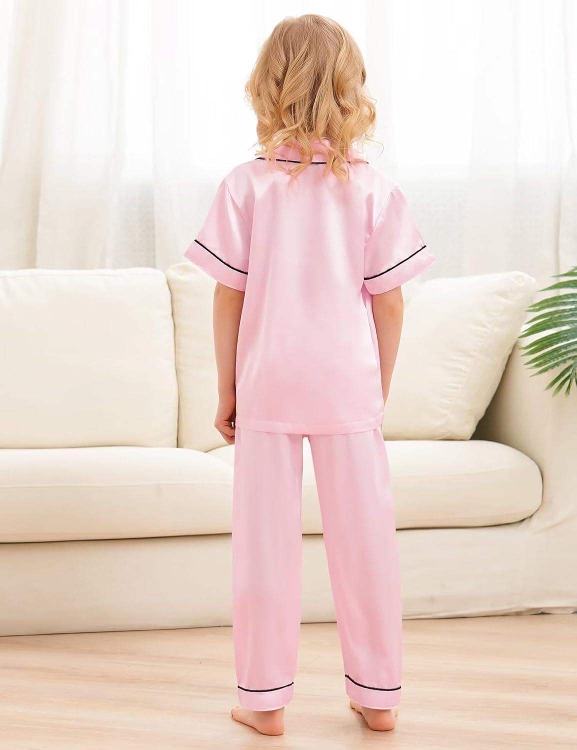 imageSWOMOG Kids Silky Satin Pajamas Set Girls Boys ButtonDown Sleepwear Short Sleeve 2 Piece PJs Sets Lounge SetsZ Pink 3pcs