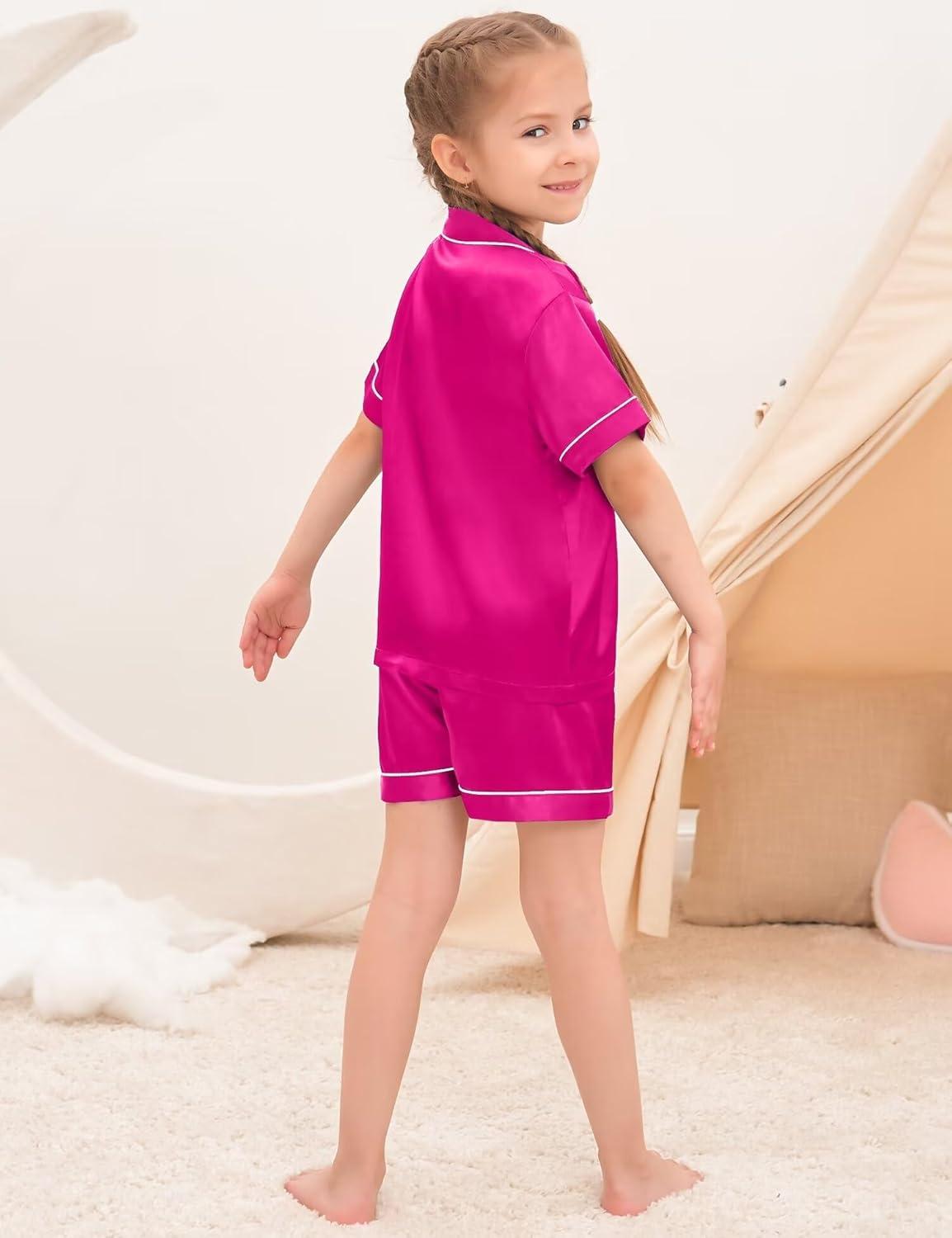 imageSWOMOG Kids Silky Satin Pajamas Set Girls Boys ButtonDown Sleepwear Short Sleeve 2 Piece PJs Sets Lounge SetsZ Rose Red 3pcs