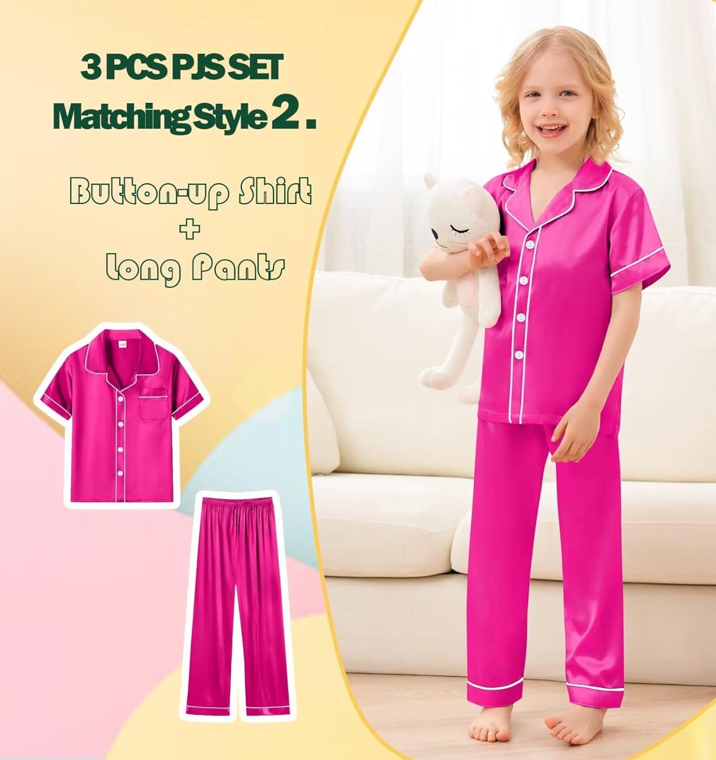 imageSWOMOG Kids Silky Satin Pajamas Set Girls Boys ButtonDown Sleepwear Short Sleeve 2 Piece PJs Sets Lounge SetsZ Rose Red 3pcs