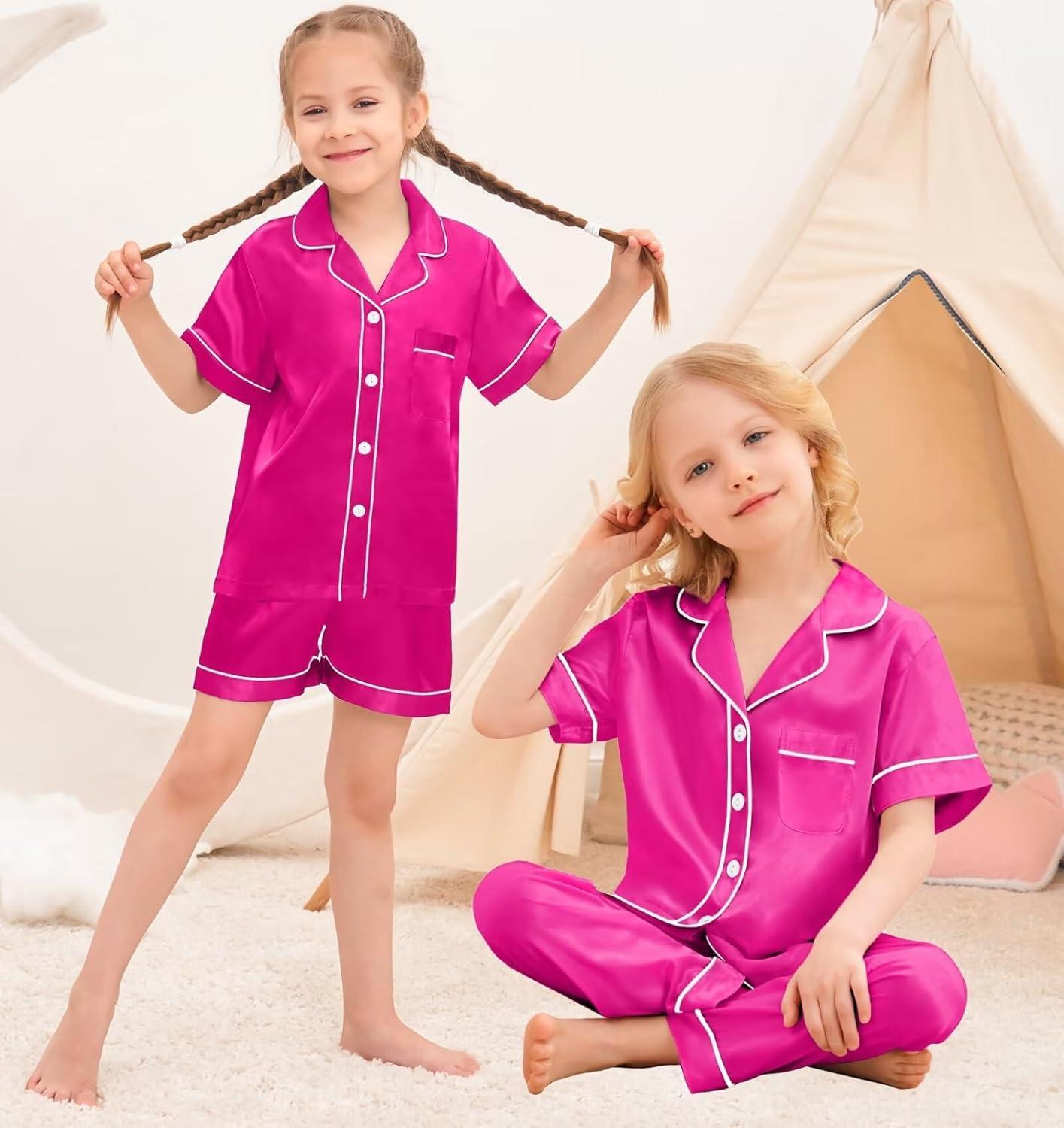 imageSWOMOG Kids Silky Satin Pajamas Set Girls Boys ButtonDown Sleepwear Short Sleeve 2 Piece PJs Sets Lounge SetsZ Rose Red 3pcs