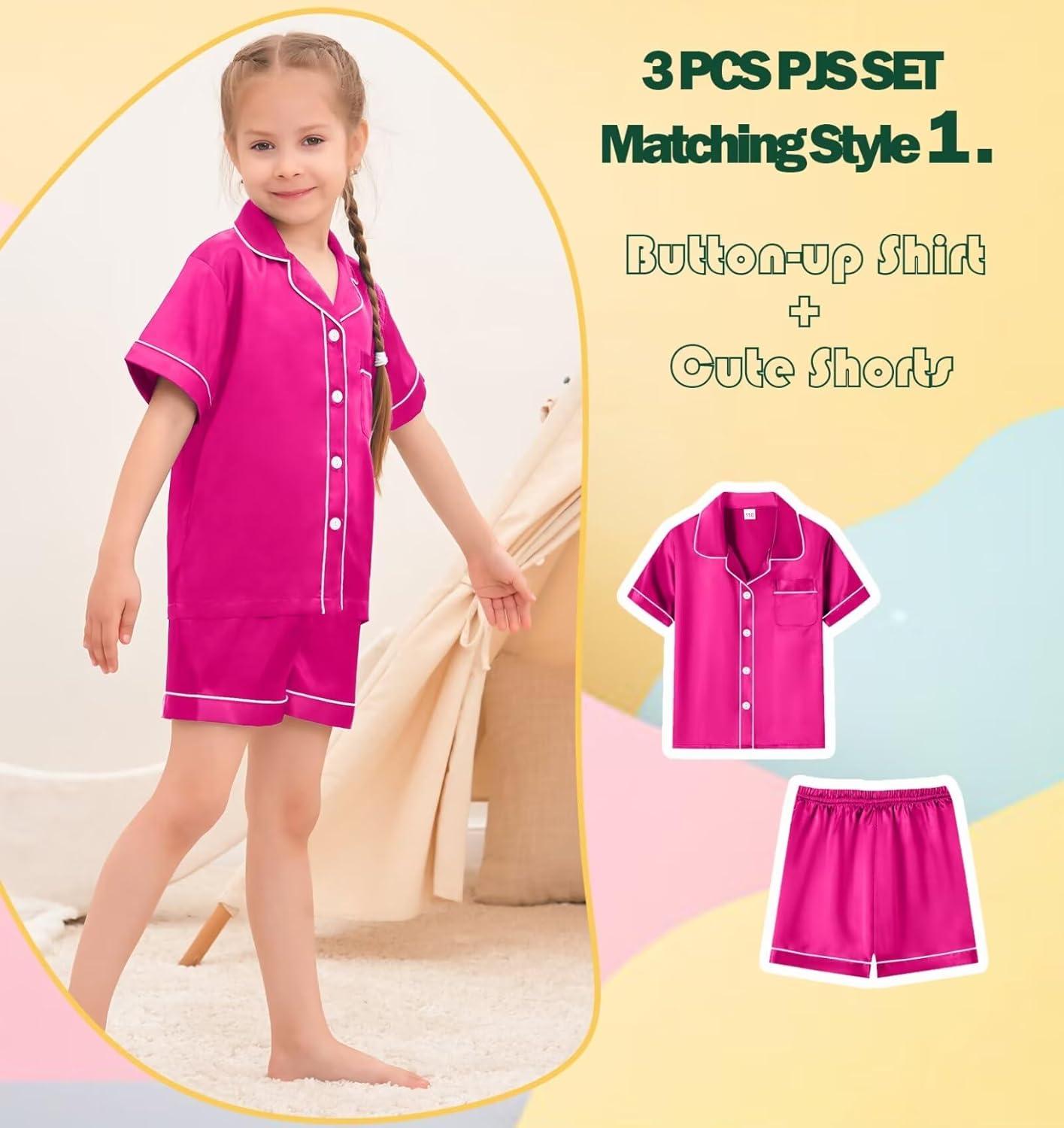 imageSWOMOG Kids Silky Satin Pajamas Set Girls Boys ButtonDown Sleepwear Short Sleeve 2 Piece PJs Sets Lounge SetsZ Rose Red 3pcs