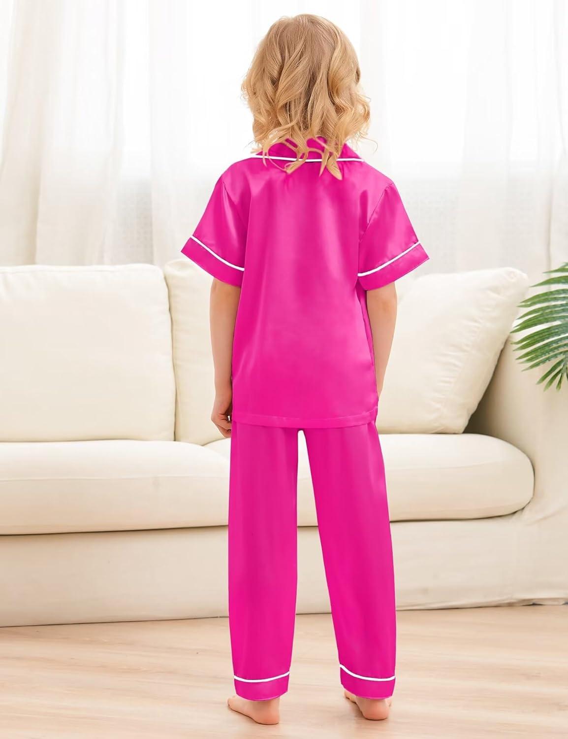 imageSWOMOG Kids Silky Satin Pajamas Set Girls Boys ButtonDown Sleepwear Short Sleeve 2 Piece PJs Sets Lounge SetsZ Rose Red 3pcs