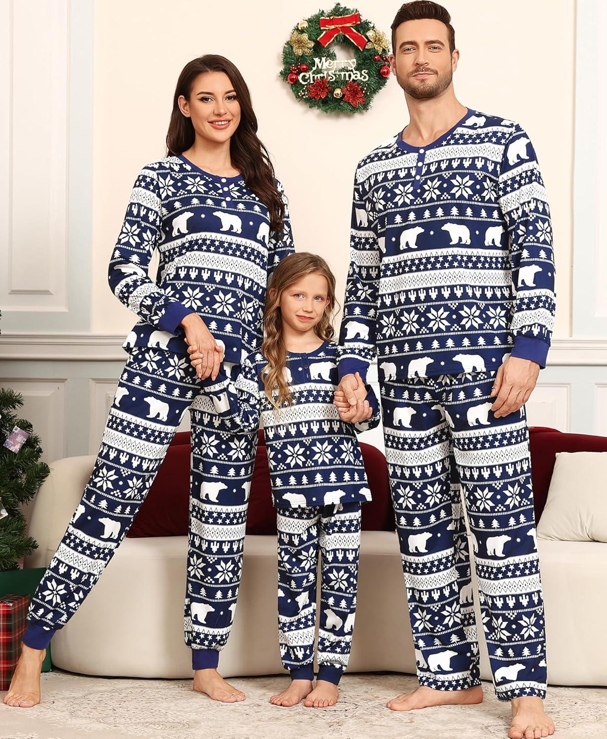 imageSWOMOG Matching Family Pajama Set Long Sleeve Christmas Pajama Button Down Holiday Sleepwear SetBlue Snowman