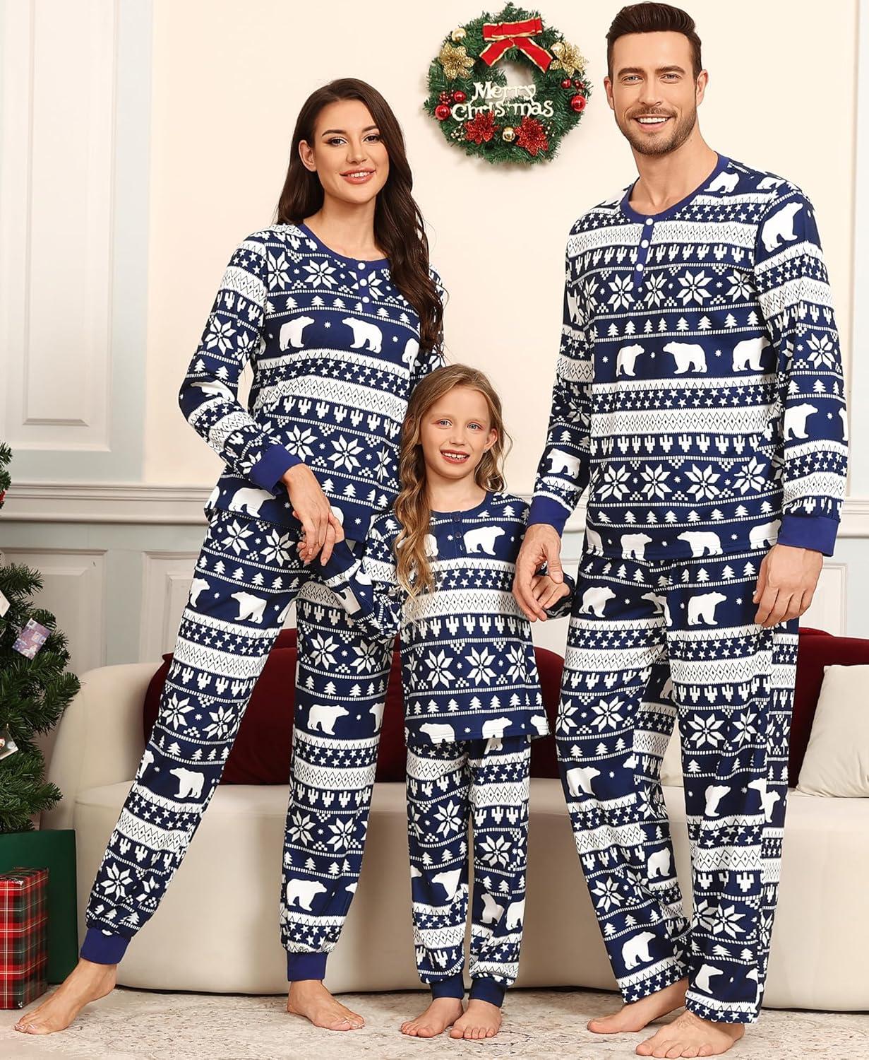 imageSWOMOG Matching Family Pajama Set Long Sleeve Christmas Pajama Button Down Holiday Sleepwear SetBlue Snowman