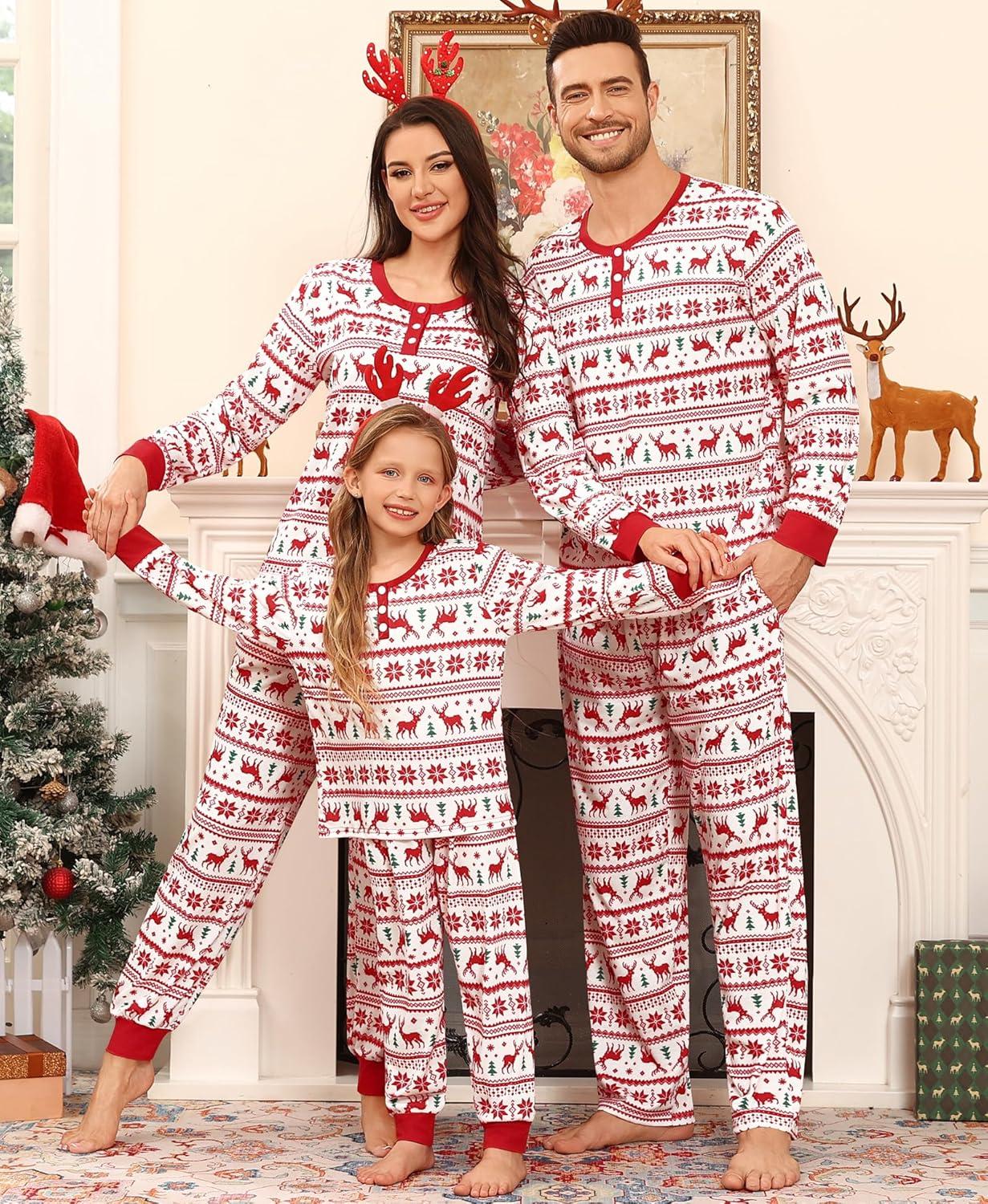 imageSWOMOG Matching Family Pajama Set Long Sleeve Christmas Pajama Button Down Holiday Sleepwear SetFlower Deer
