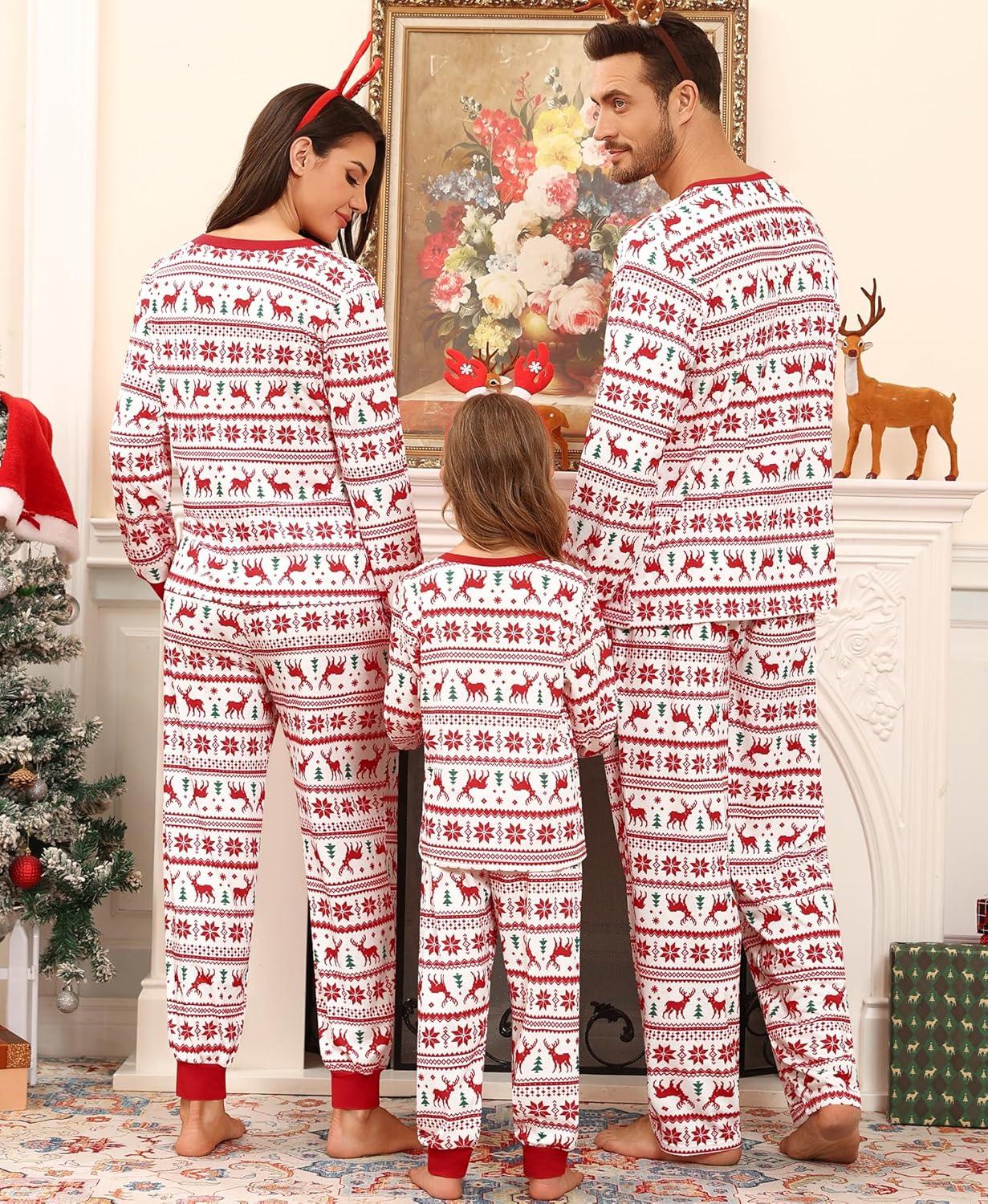 imageSWOMOG Matching Family Pajama Set Long Sleeve Christmas Pajama Button Down Holiday Sleepwear SetFlower Deer