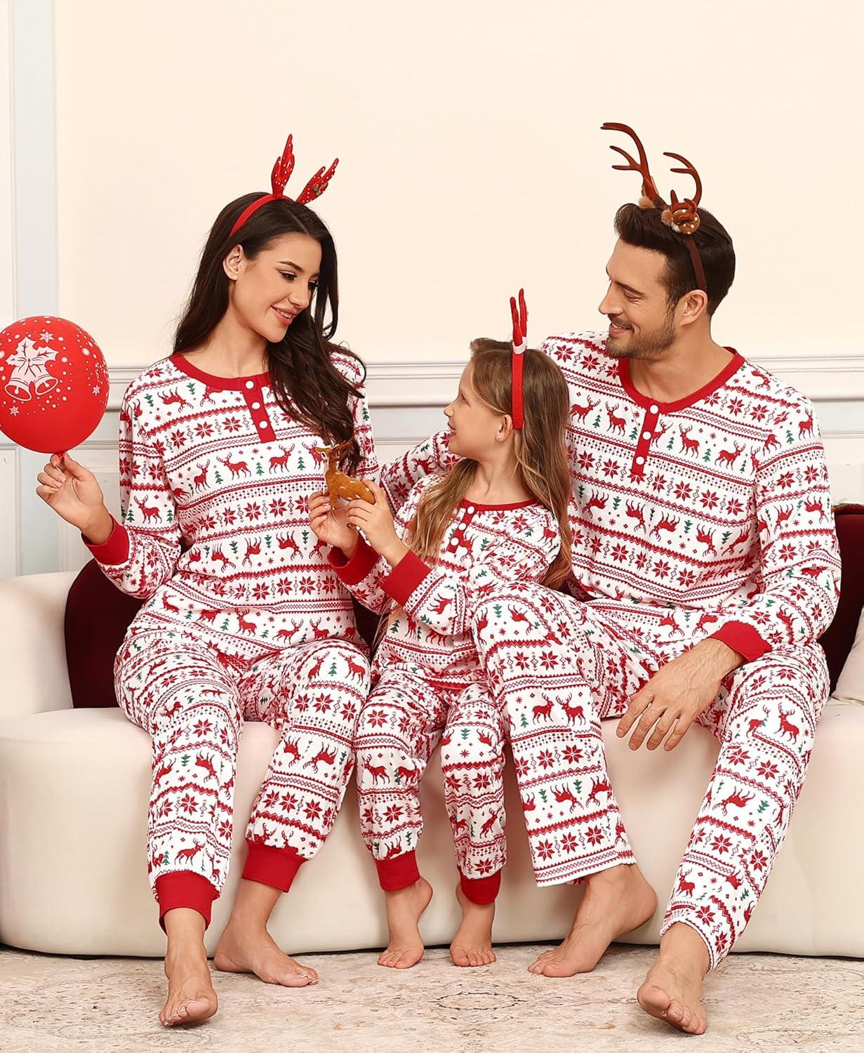 imageSWOMOG Matching Family Pajama Set Long Sleeve Christmas Pajama Button Down Holiday Sleepwear SetFlower Deer