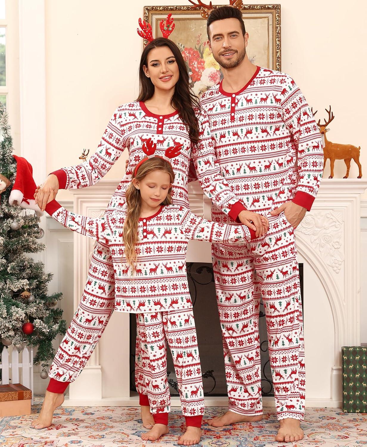 imageSWOMOG Matching Family Pajama Set Long Sleeve Christmas Pajama Button Down Holiday Sleepwear SetFlower Deer