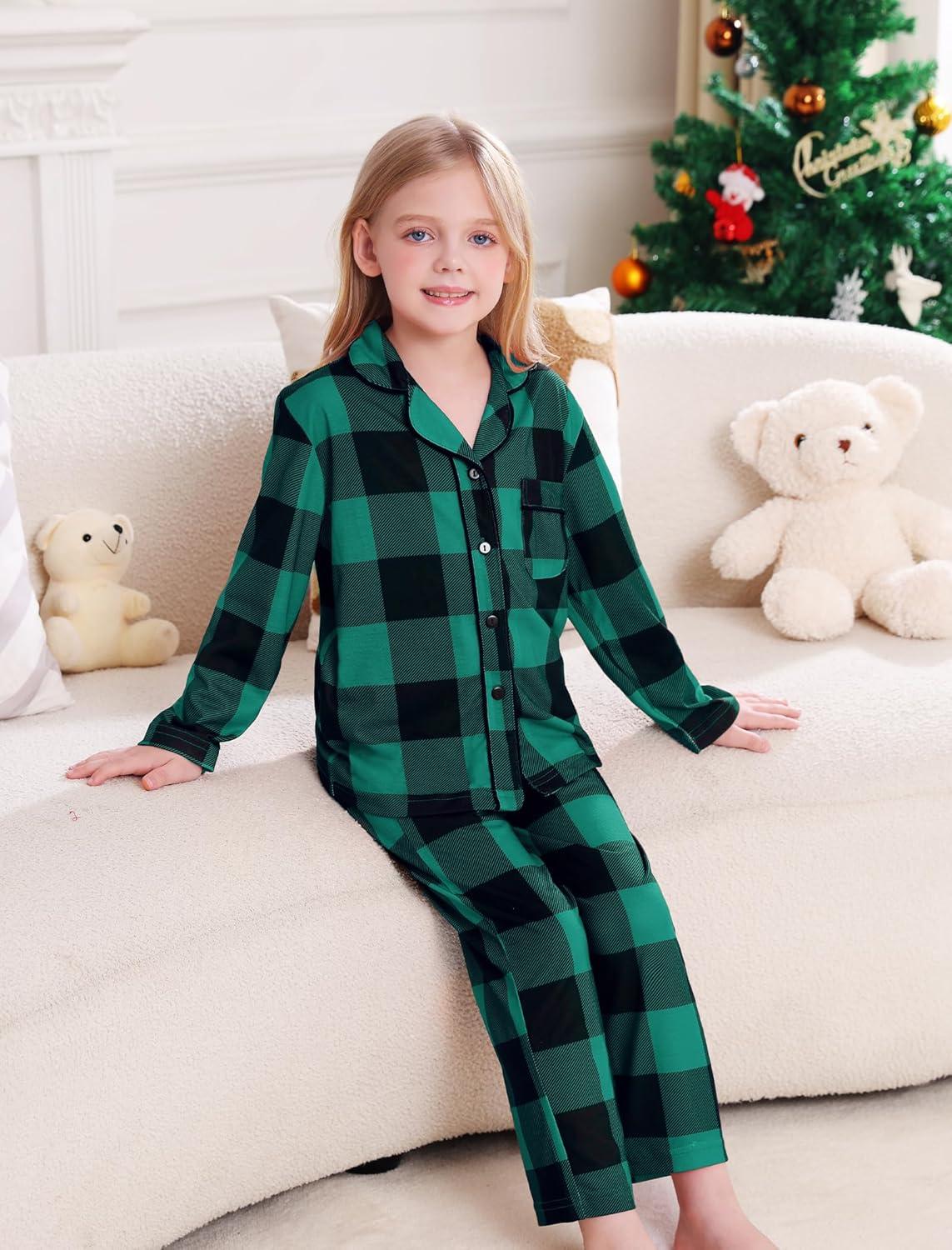 imageSWOMOG Matching Family Pajama Set Long Sleeve Christmas Pajama Button Down Holiday Sleepwear SetGreen Plaid