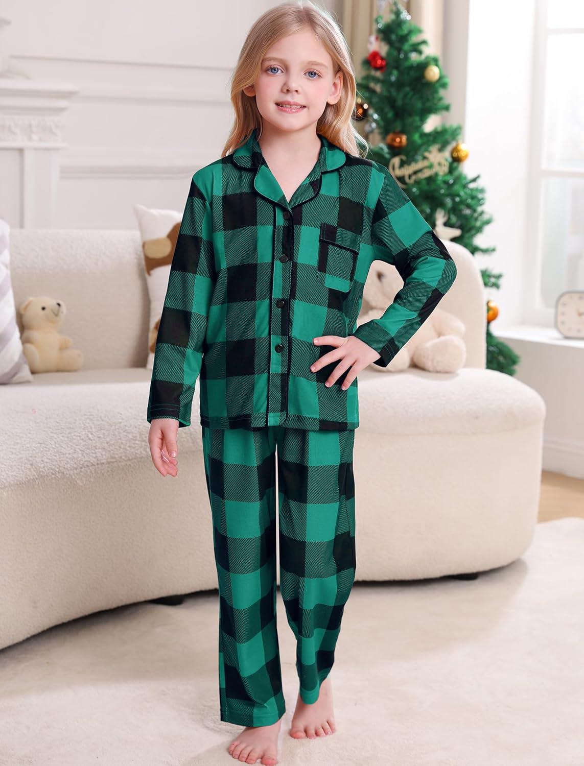imageSWOMOG Matching Family Pajama Set Long Sleeve Christmas Pajama Button Down Holiday Sleepwear SetGreen Plaid