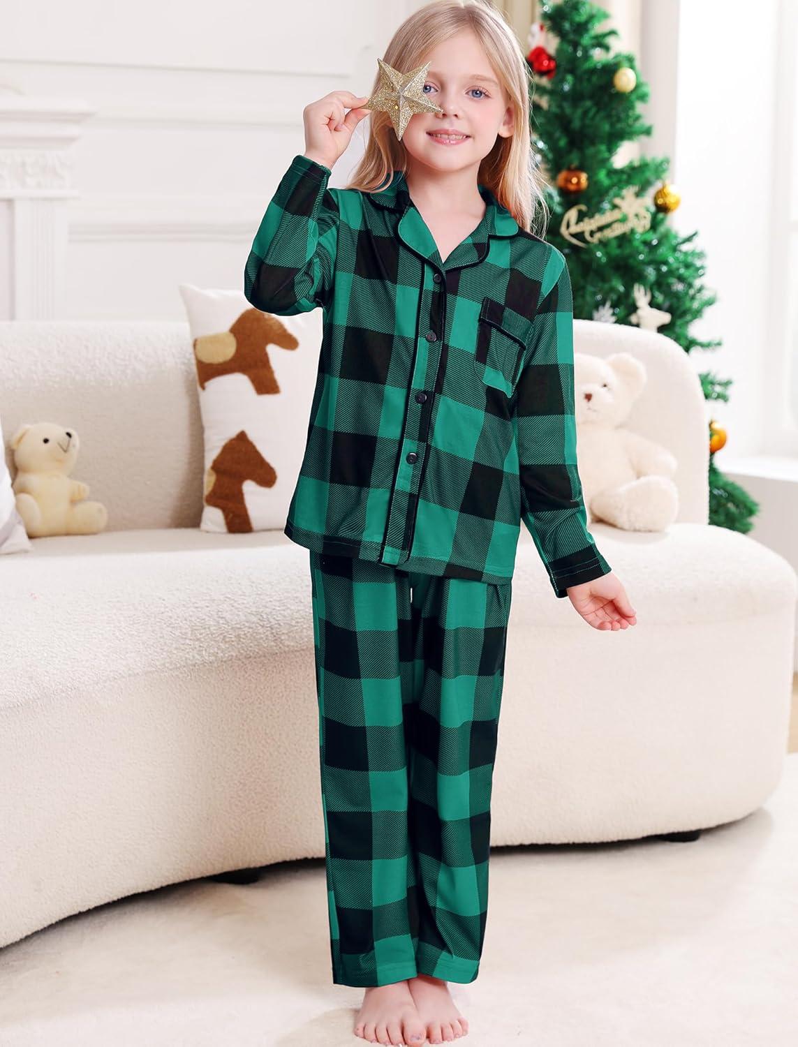 imageSWOMOG Matching Family Pajama Set Long Sleeve Christmas Pajama Button Down Holiday Sleepwear SetGreen Plaid