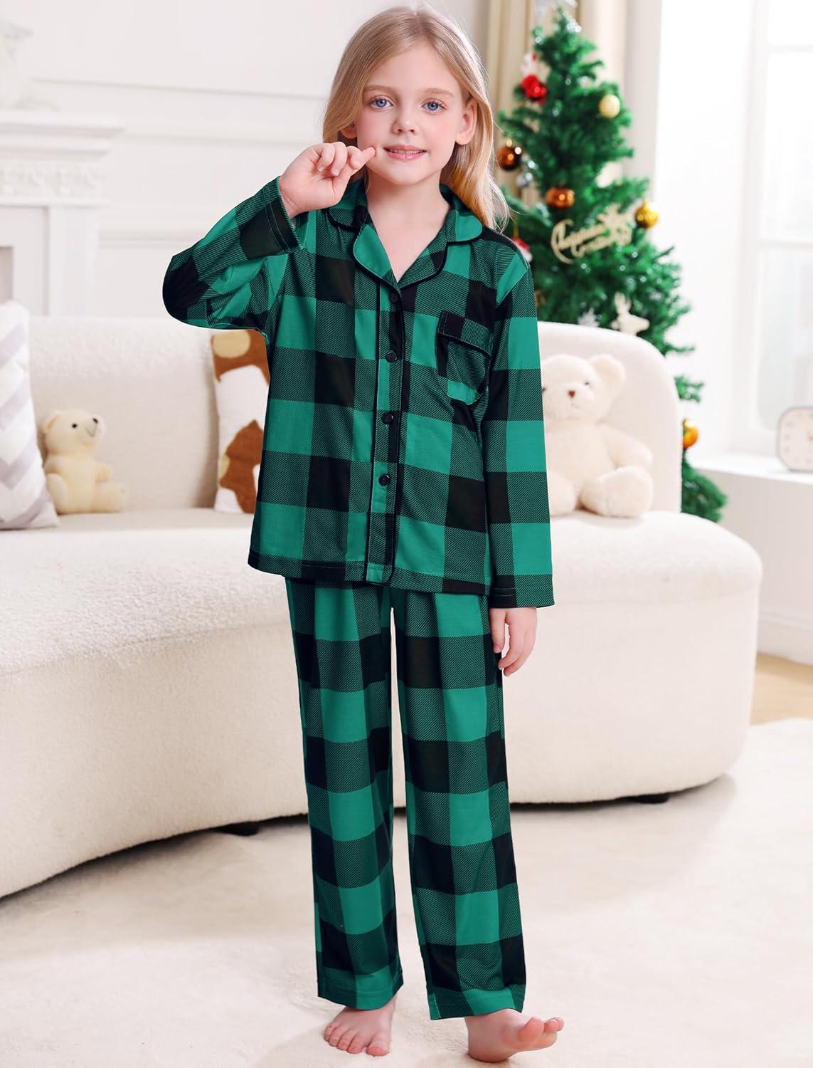 imageSWOMOG Matching Family Pajama Set Long Sleeve Christmas Pajama Button Down Holiday Sleepwear SetGreen Plaid