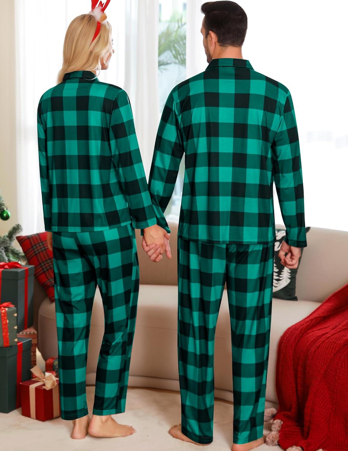 imageSWOMOG Matching Family Pajama Set Long Sleeve Christmas Pajama Button Down Holiday Sleepwear SetGreen Plaid